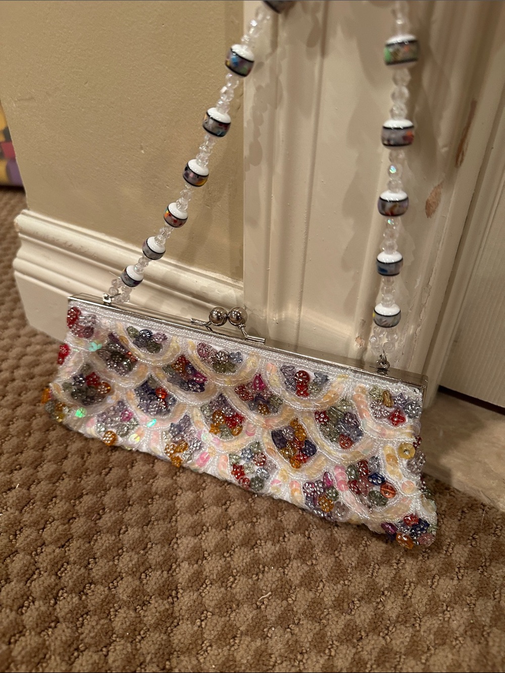 Beaded White Multicolor Sequin Evening Clutch